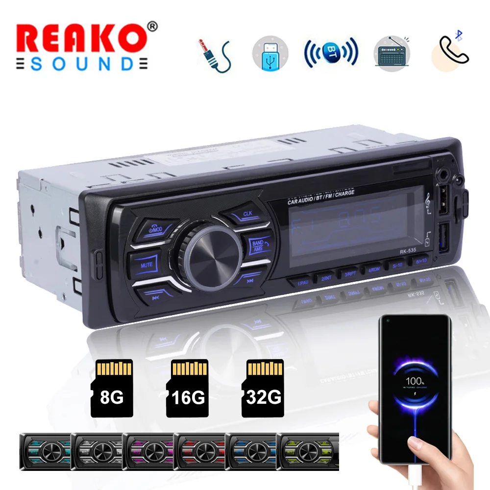 REAKOSOUND Car MP3 Player 1 Din Car Radio Car Multimedia Player Bluetooth FM Radio Auto  AUX 2 USB TF Fast Charging 535