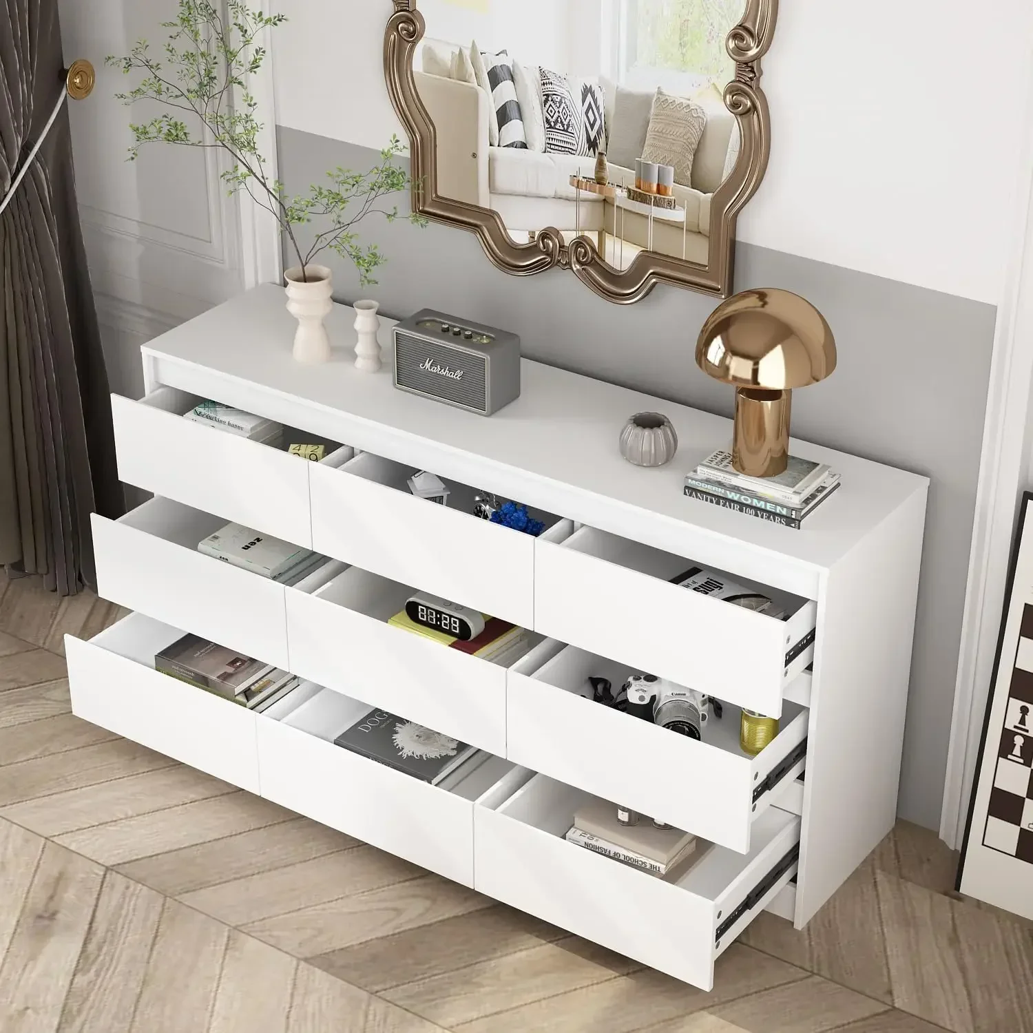9-Drawer Dressers Modern Large Dresser For Bedroom Organize Wooden Long Dresser With 9 Handle Free Drawers Storage Chest White