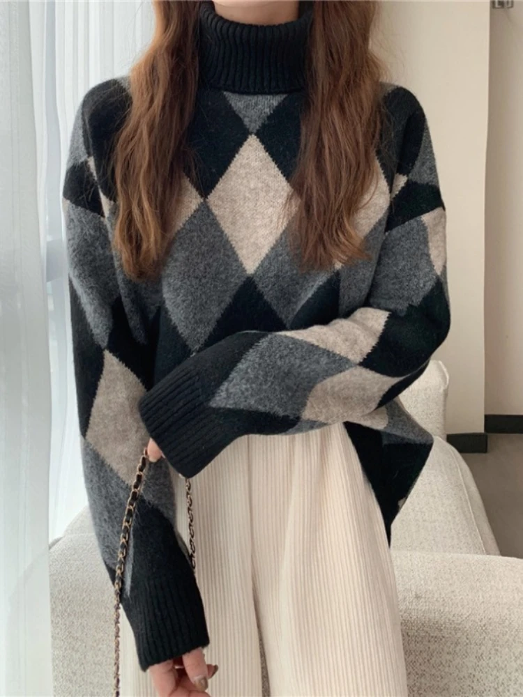 

Fashion Tops 2022 Women Sweater Autumn and Winter New Women's Retro Plaid Turtleneck Knitted Pullover Loose Fashion Keep Warm