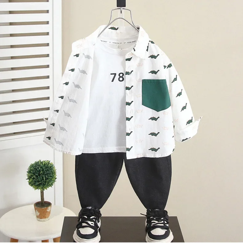 Cool Dinosaur Long Sleeve Shirt for Boys Spring Autumn Children's Clothing Dino Print Fashionable Baby Outfit