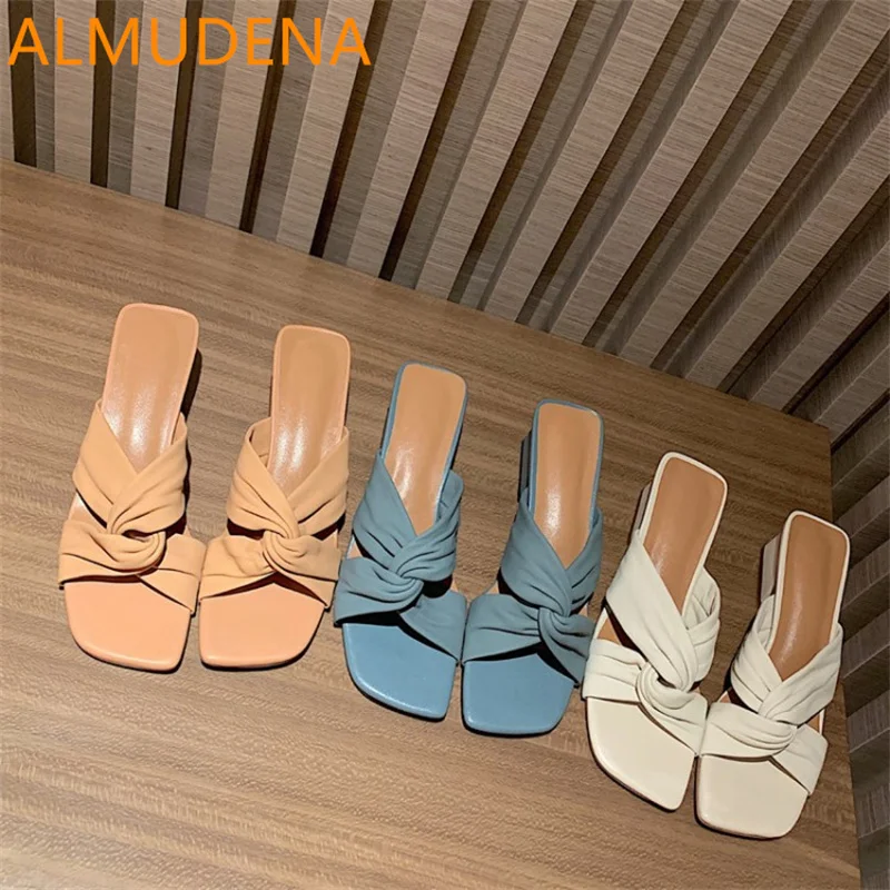 

Summer Square Toe Square Heel Women Slippers Genuine Leather Sheepskin Fashion Modern Slippers Pleated Cross Band Med Heel Shoes