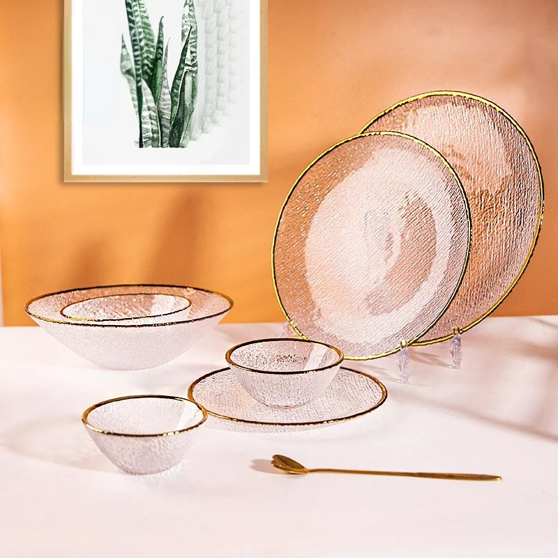 Gold Edge Glass Plate Rice Soup Dessert Salad Vegetable Bowl Dessert Cake Tray Tableware