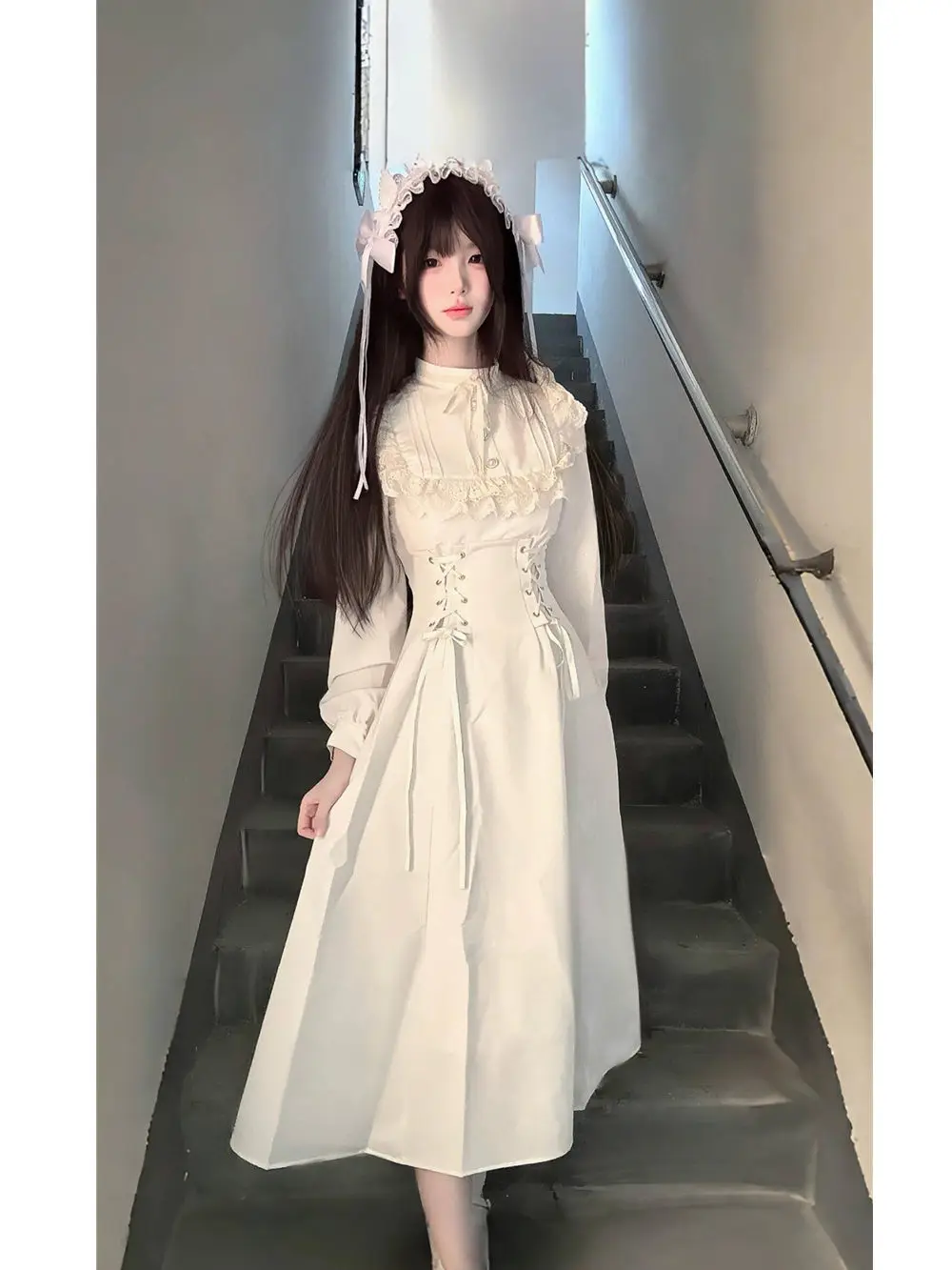 Japanese Style Kawaii Lace-up Midi Dresses Women Princess Party Dress Long Sleeve O-neck High Waist Y2K Gothic Vestidos Mujer