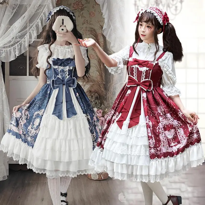 Lolita Dress Japanese Elegant Vintage Style Bow Flower Print Cosplay