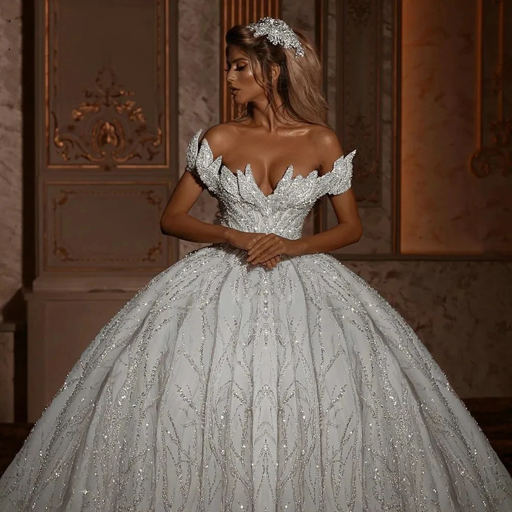 

Luxury Wedding Dresses Off Shoulder Beading Sequins Backless Bridal Gowns Custom Made Vestido De Novia