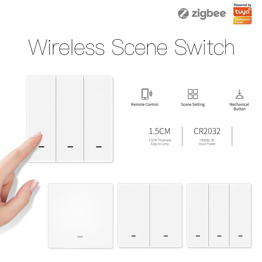 Moes Scene Switch Push Button Battery Powered Transmitter Smart Home Assistant App Automation 1/2/3 Gang Tuya ZigBee