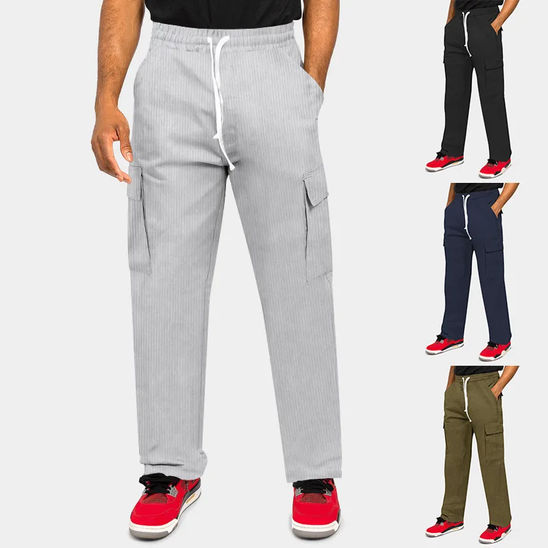 

2023 Mens Casual Pant Summer New Cargo Corduroy Trousers Loose Multi-pocket Casual Straight Pants Men