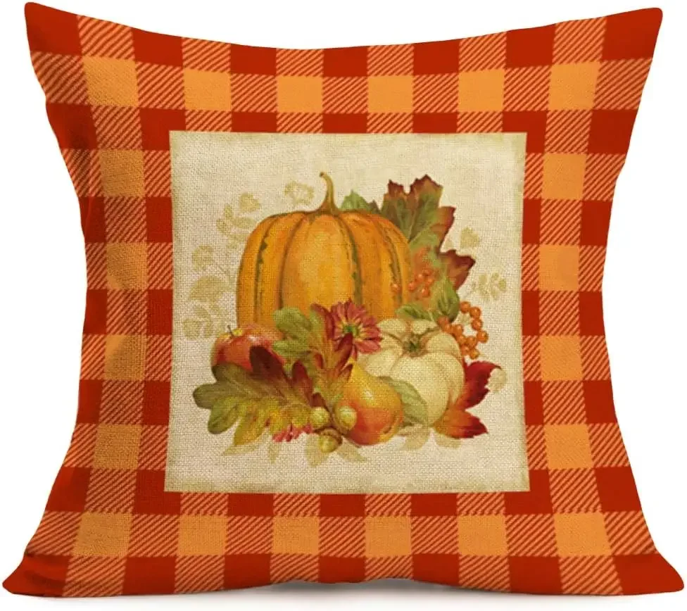 

Autumn Harvest Pumpkin Maple Leaf Linen Pillow Cover Square Farm Couch Cushion Cover pillowcase 50*50 decor