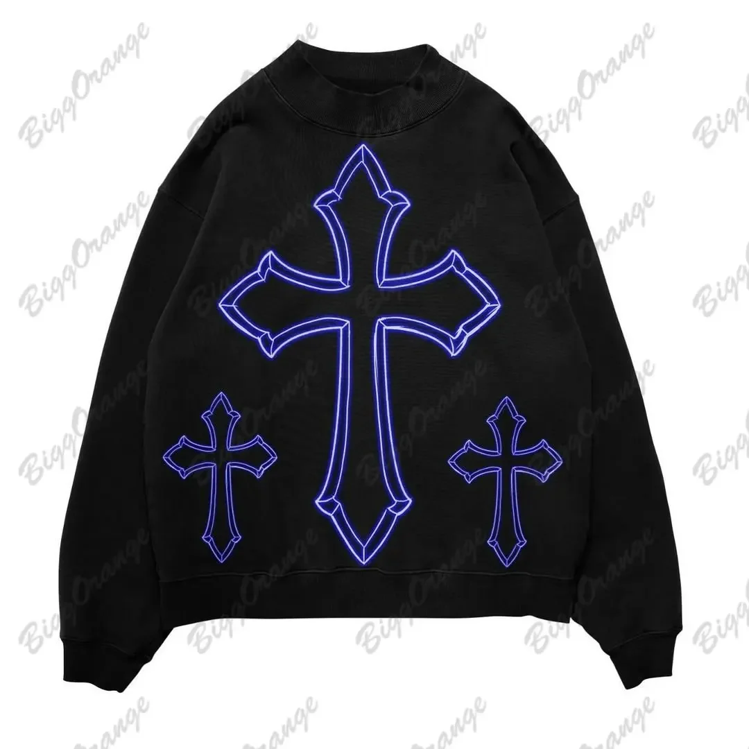 New American Cross print plush loose couples vintage goth y2k top hoodies streetwear women clothing sweatshirts korean hoodie