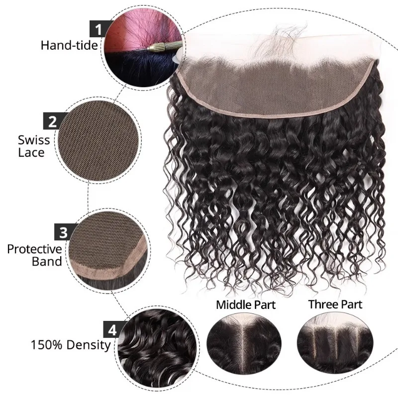 Water Wave 13x4 Lace Frontal Closure Human Hair Pre-Plucked Hairline Brazilian Virgin Hair For Women Soft and Silky Daily