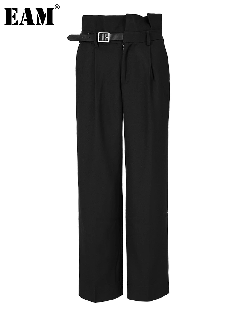 

[EAM] High Waist Black Pleated Belted Casual Long Pants New Loose Fit Trousers Women Fashion Tide Spring Autumn 2023 CP0327