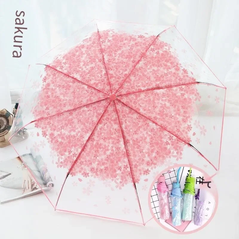 Mini Folding Japanese Umbrella Korean Umbrella Folding Cute Korean Mini Fresh Simple Sen Series Trifold Japanese Cherry Blossom Transparent