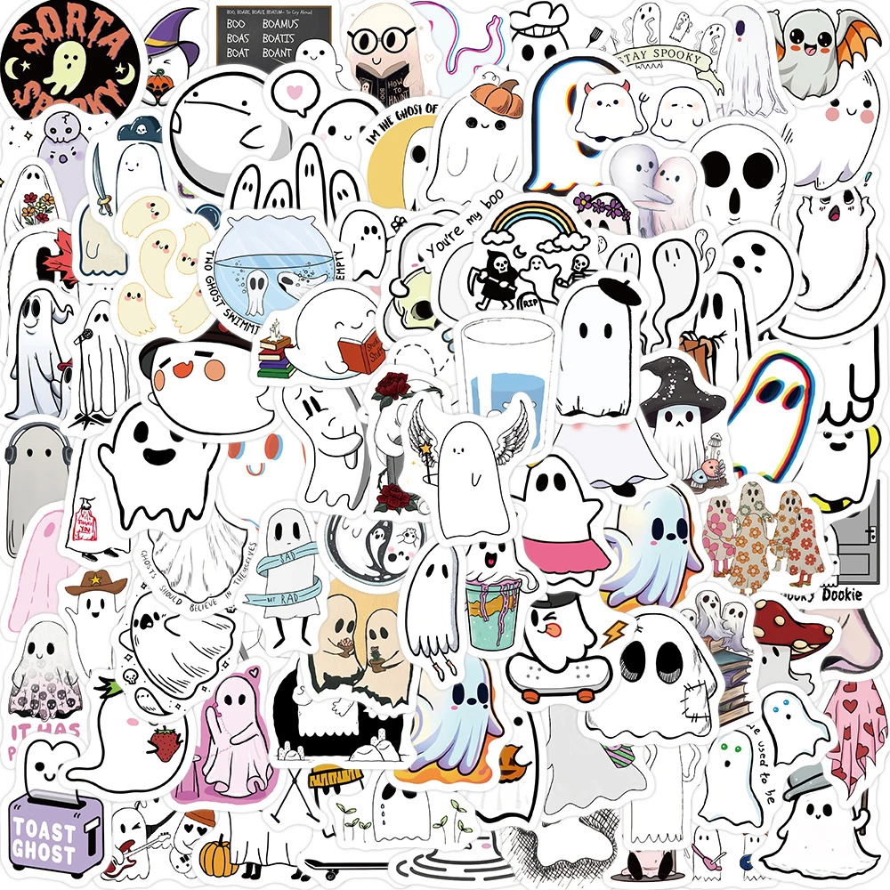 10/30/50/100pcs Kawaii White Ghost Cartoon Stickers Decorative Halloween Sticker Water Bottle Laptop Window Phone Kid Decal Toys 100pcs pop resin glitter owl window decals reflective owl decoy scare birds away stickers owl sticker decorative window decor