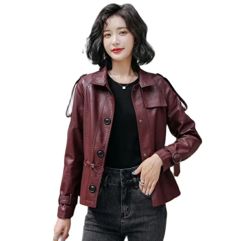 Women Sheep Leather Jacket, Classic Turn Down Collar, Chic Drawstring, Slim Short Sheepskin Coat Streetwear, Spring Autumn 2024