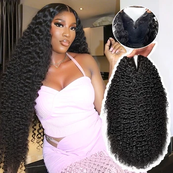 V Part Curly Wig Human Hair Upgrade U Part Wig with Drawstring 250% No Leave Out Glueless V Shape Full Head Clip In Half Wig 1
