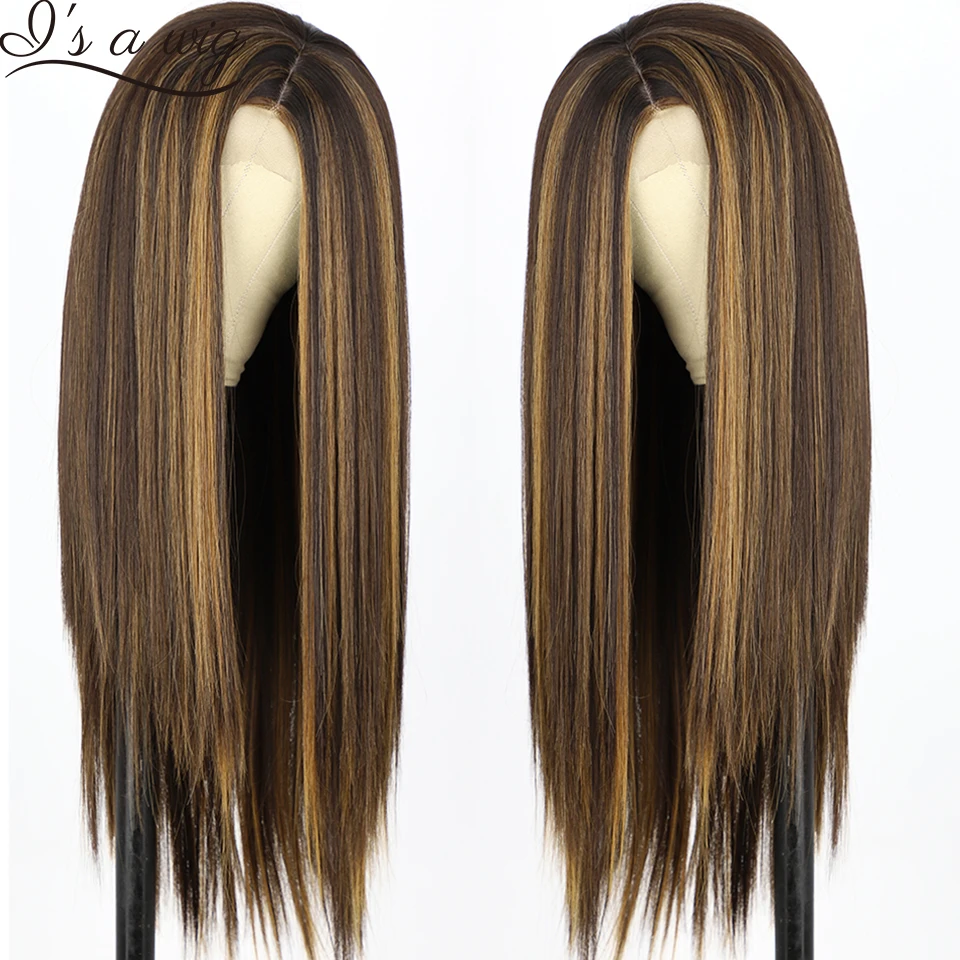 I's a wig Synthetic Wig Brown Mixed Blonde Long Straight Wigs for Women Middle Part Highlight Black Blonde Pink Cosplay Wig