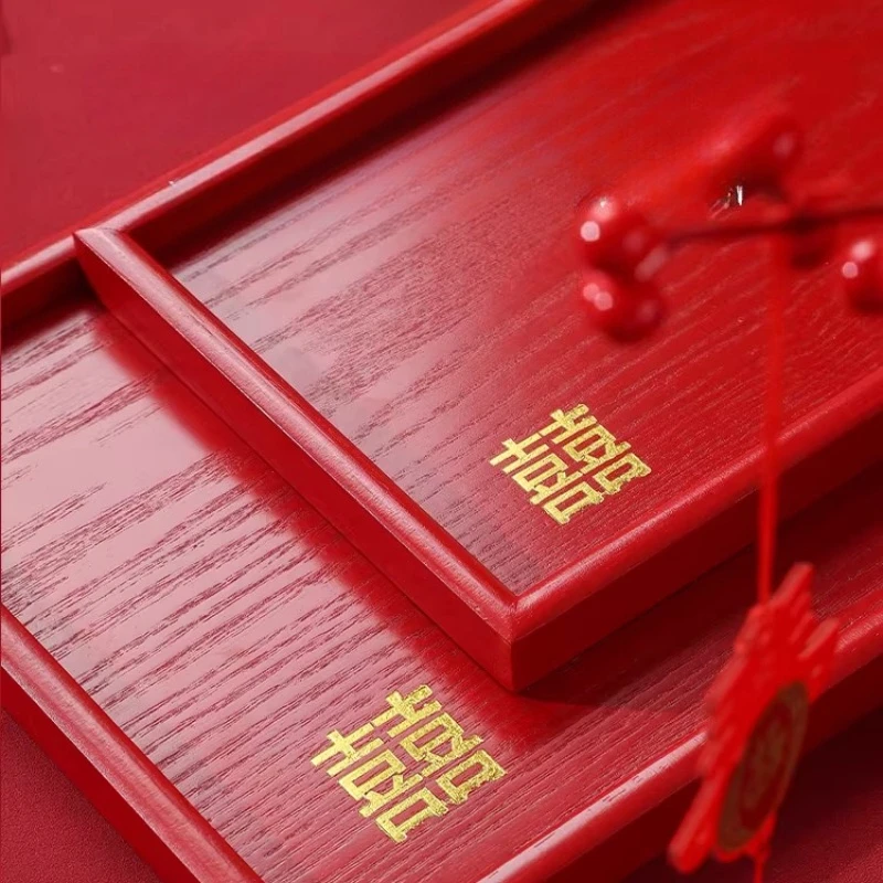 웨딩 레드 트레이 과일 트레이 중국식 웨딩 연회용 나무 직사각형 차 서빙 트레이 견과류 원형 트레이 나무 식기
