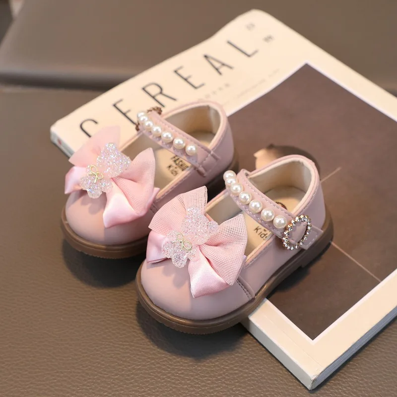 Baby Girl Leather Shoes Kids Bow Pearl Princess Shoes Shallow Soft Sole Cute First Walkers Infant Toddler Cartoon Single baby shoes,soft sole shoes