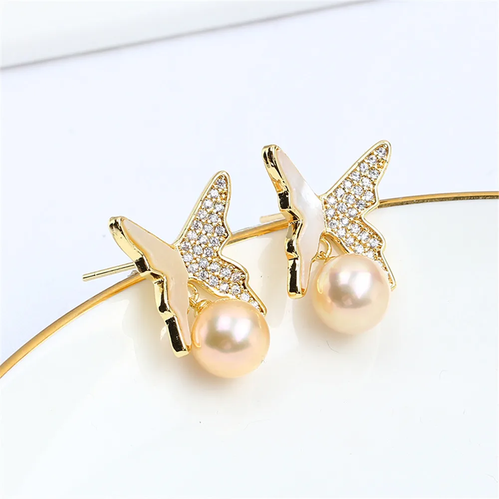 Domestic 14k Gold Plated Color-preserving Butterfly Inlaid with Zircon Pearl Earrings Empty DIY Accessories