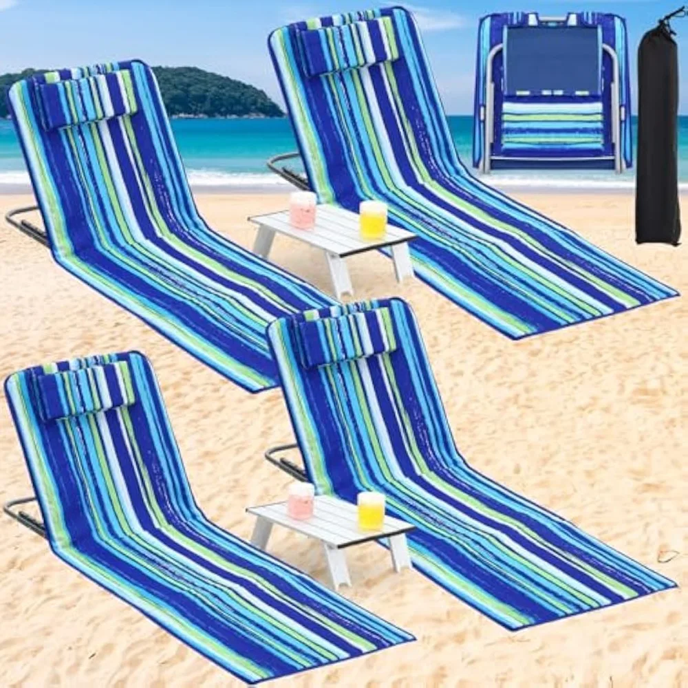 

4 Pcs Adjustable Beach Lounge Chair for Adult with 2 Pack Folding Tables Portable for Lawn Patio Sunbathing Tanning BBQ Camping
