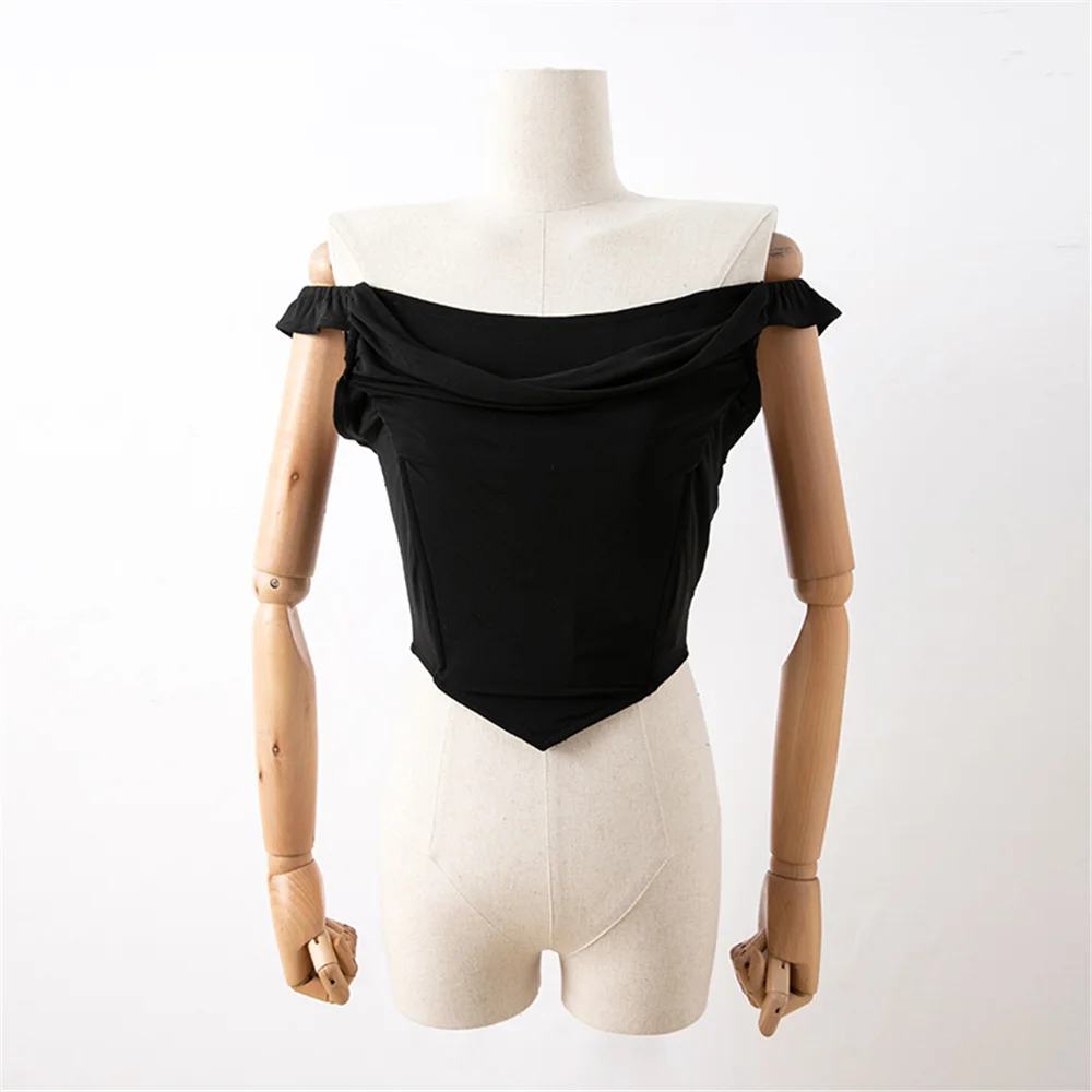 Maglietta Moda Coreana Donna Crop Top Bianco T-Shirt Manica Corta Slash Neck Off Spalla Top Donna 2022 Top Nero Backless