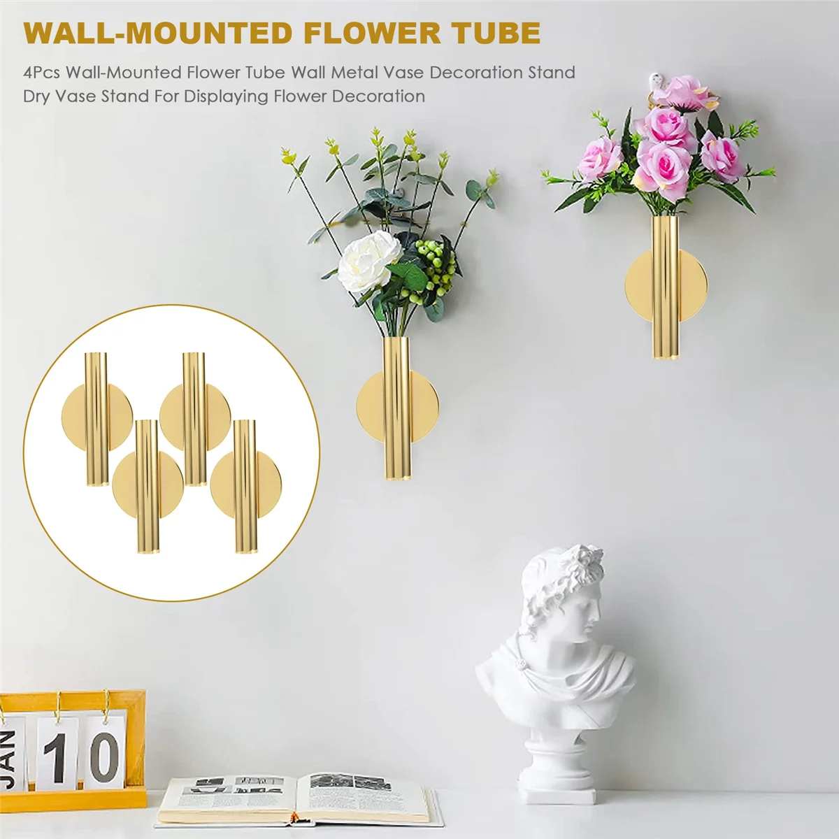 4Pcs Wall-Mounted Flower Tube Wall Metal Vase Decoration Stand Dry Vase Stand for Displaying Flower Decoration,Gold 2