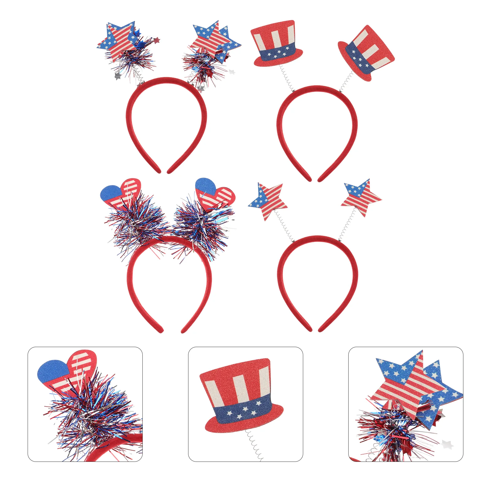 

4Pcs 4th of July Headband Patriotic Heart Star Hair Band Boppers for Memorial Day Veterans Day Independence Day Party Favors