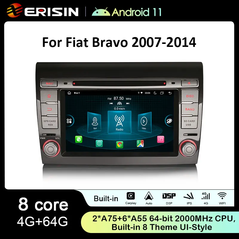 Erisin ES8971F 7 인치 IPS 스크린 8 코어 안드로이드 11.0 자동차 DVD 플레이어, GPS 4G LTE DPS 무선 카플레이, 자동 라디오, 피아트 브라보 스테레오