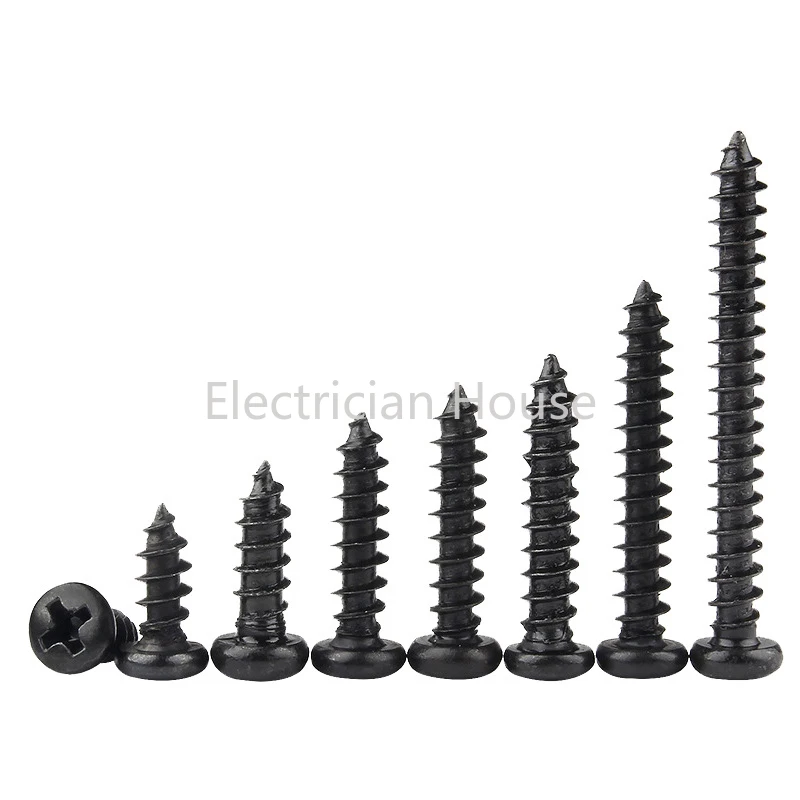 Self Tapping Screw 100 pcs/lot Cross Round Head Phillips M1 M1.2 M1.4 M1.5 M1.7 M2 M2.3 M2.6 M3 M3.5 M4 M5 Black Carbon Steel