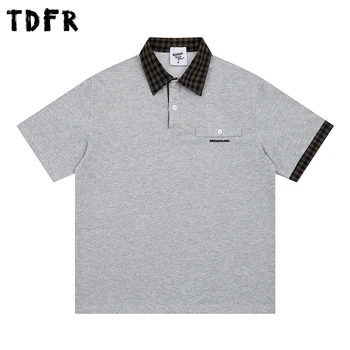 Polo a maniche corte patchwork scozzese da uomo T-shirt da uomo estiva retrò a mezza manica allentata con risvolto