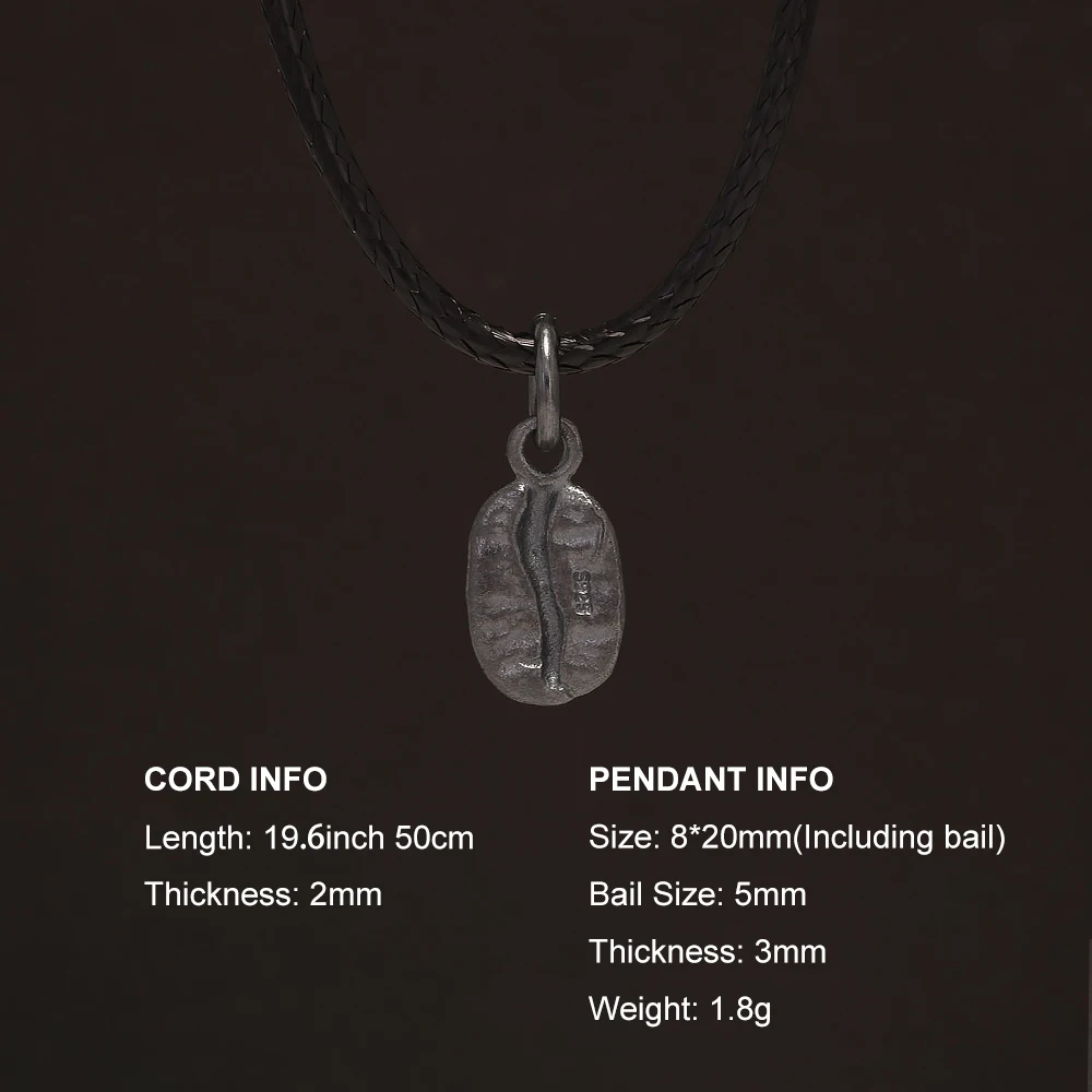 925 Sterling Silver Small Coffee Bean Pendant Necklace for Couples Black Leather Cord Chain Vintage Simple Trend Jewelry