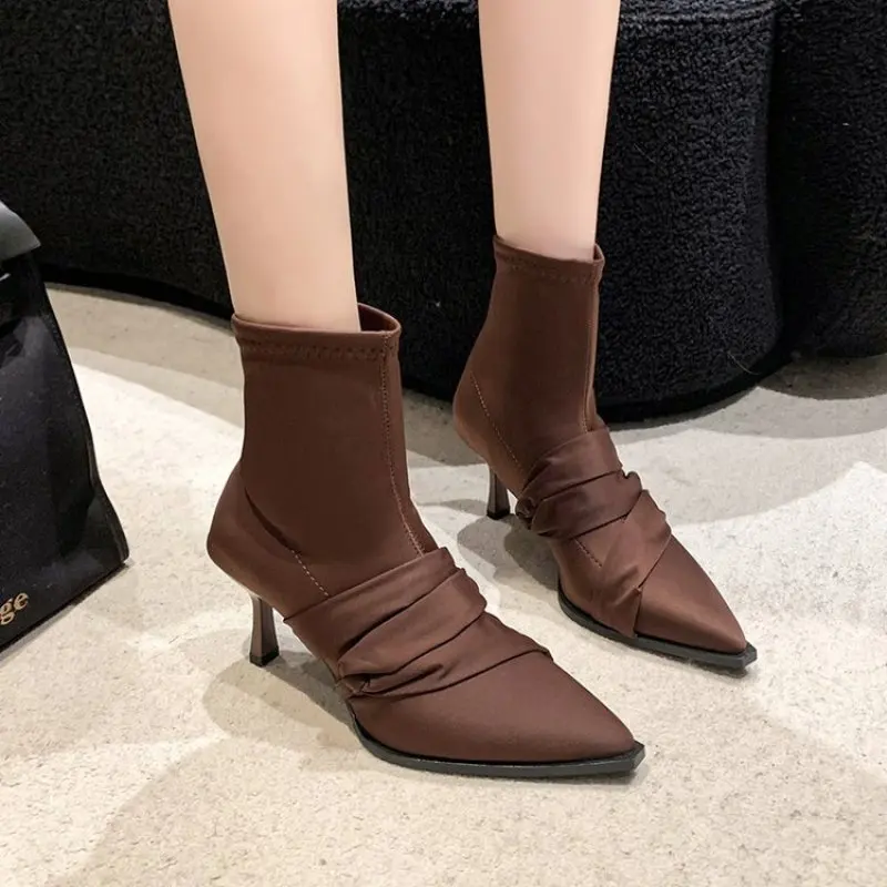 New Brand Women Ankle Boots Fashion Pointed Toe Slip On Ladies Elegant Short Boots Shoes Thin High Heel Dress Pumps Comfort New