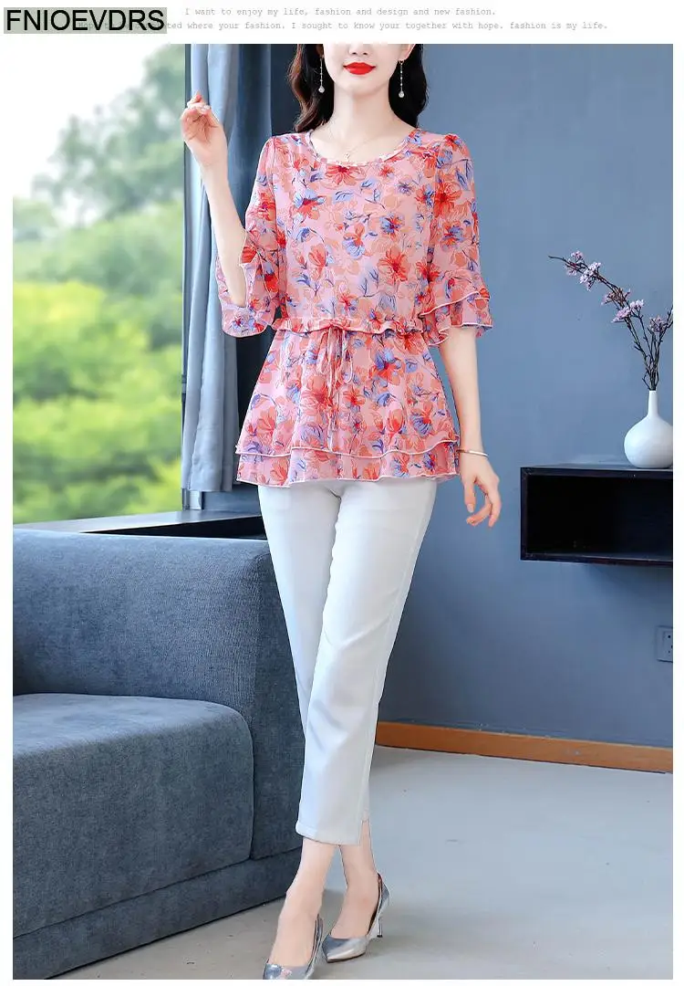 S-4XL Loose Clothes 2023 Women Summer Slim Waist Drawstring Ruffles Shirts Casual Chiffon Floral Tunic Peplum Tops And Blouses