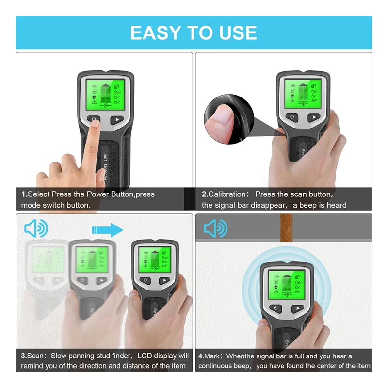 5-In-1 Studs Metal Detector Wall Scanner AC Wood Finder Cable Wires Depth Tracker Electric Box Finder Wall Detector Reusable B