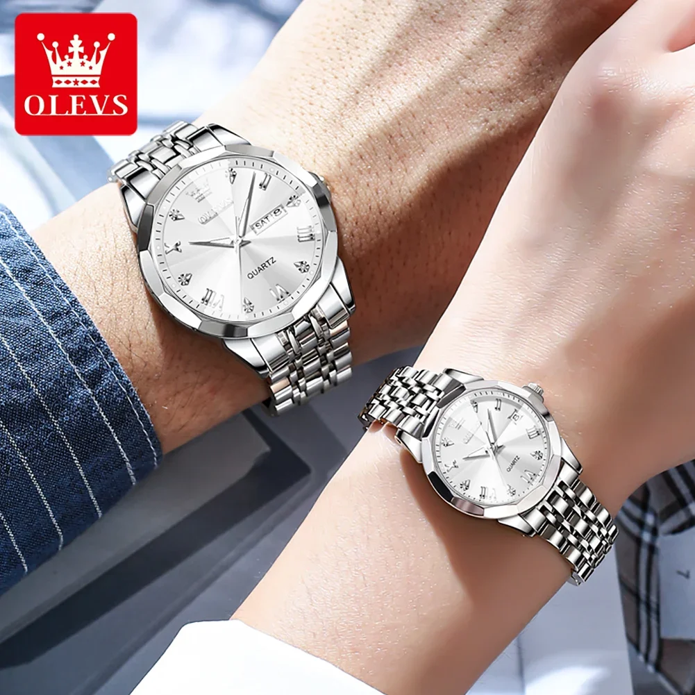 OLEVS 9931 Quartz Couple Solid Stainless Steel Strap Rhombus Design Fashion Business Wristwatch Men's Watches Waterproof Set quartz watch,fashion couple watches