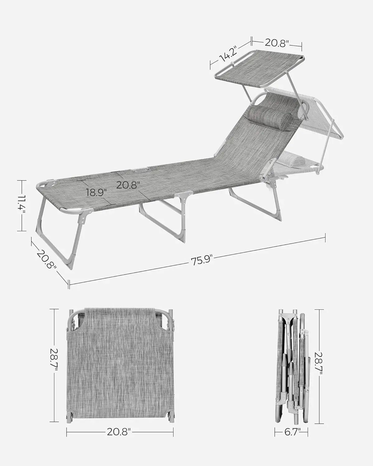 Sun Lounger. Folding Chaise Lounge Chair. Canopy. 76x20.9x11.4". 330lb Capacity. Headrest. Adjustable Backrest. Greige. GCB19T.