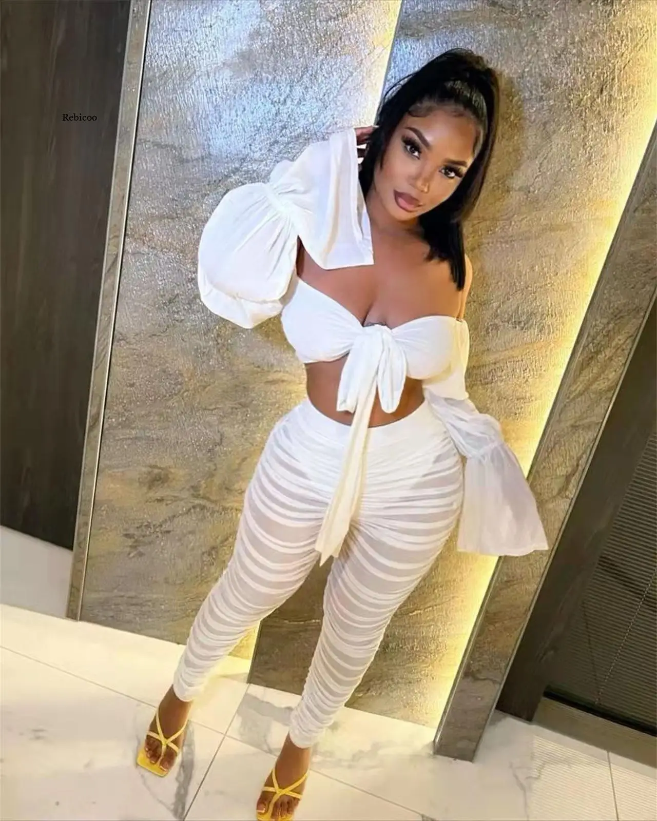 

Sexy 2 Piece Set Crop Top and Mesh Leggings Pants All White Vacation Outfits for Women 2022 Fashion Clothes