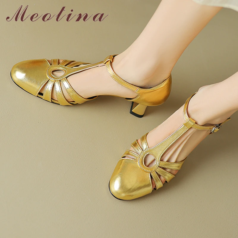 

Meotina Women Genuine Leather Two-Piece Pumps Round Toe Thick High Heels Buckle T-Tied Ladies Fashion Shoes Summer Gold Brown 40