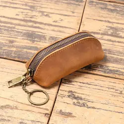 Vintage Genuine Leather Zipper Clutch with Coin Pocket and Card Holder (Brown)