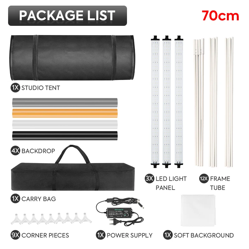27inch Photo Studio Light Box With 3pcs Led Strips Black, White, Yellow, Gray PVC Background Lightbox Tent For Product Photograp