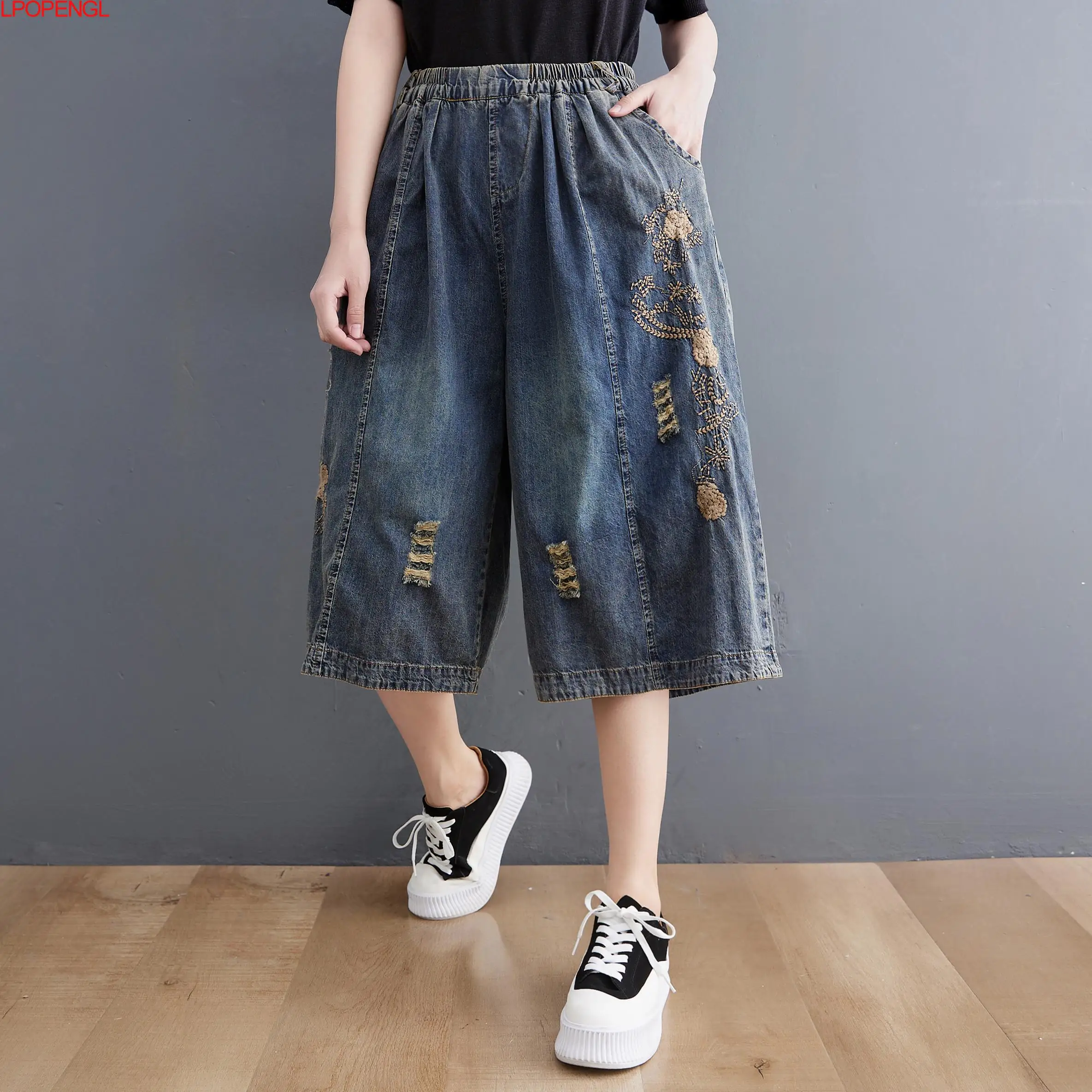 New 2022 Summer Streetwear Womens Vintage Ripped Jeans Holes Blue Denim Shorts Ladies Elastic Loose Thin Straight Wide Leg Pants