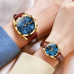 OLEVS Lover Watches Top Brand Luxury Couple Quartz Watch Waterproof Leather Watch Strap Watch for Women and Men Couple Gift