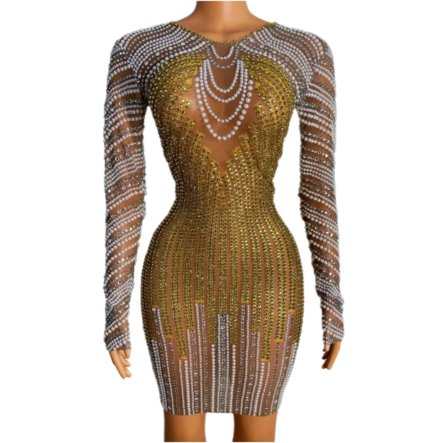 

Gold Shining Rhinestones Pearls Sexy Long Sleeves Sheath Dress For Women Nightclub Party Clothing Birthday Prom Stage Costume