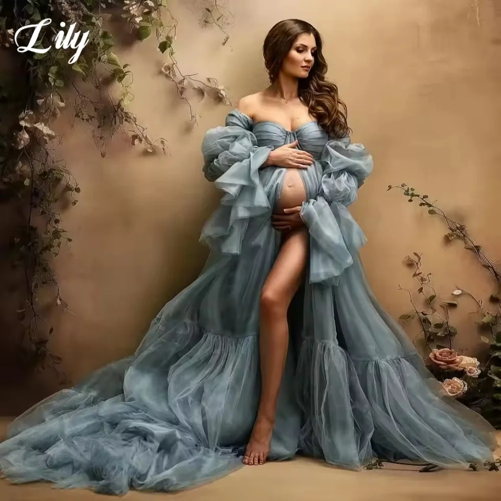 Lily Elegant Sweetheart Flowy Prom Dresses Long Sleeves Empire Maternity Photoshoot Dress Boho Gowns for Baby Shower Customized