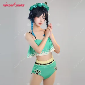 Women's Two-Piece Swimsuit Green Prints Bathing Suit Ruffle Top and High Waist Style Panty Swimwear