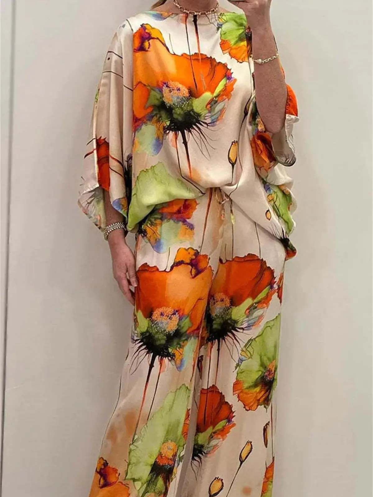 Women's Print 2 Piece Set 2024 New Elegant Loose Suit O-Neck Batsleeve Top Drawstring Pants Casual Fashion Satin Spring Summer