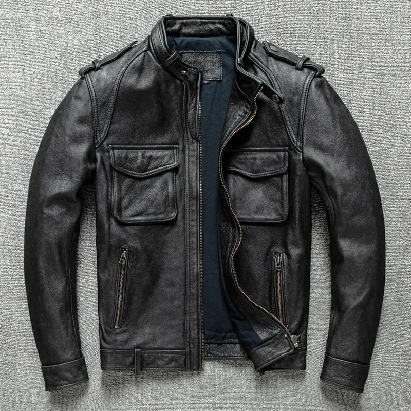 

shipping.Gray Free sales.Brand new.Cool vintage gray genuine leather outwear.quality Rider slim cowhide coat.Plus size cloth