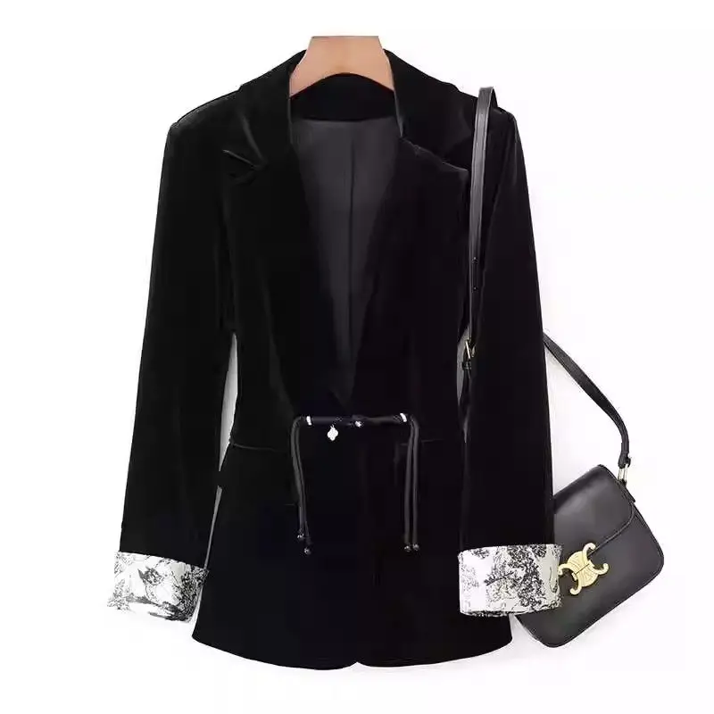 

Женский роскошный черный блейзер, весенне-осенний костюм в китайском стиле с длинным рукавом, пальто большого размера, бархатный топ на пуговицах в стиле ретро, K895, 2024