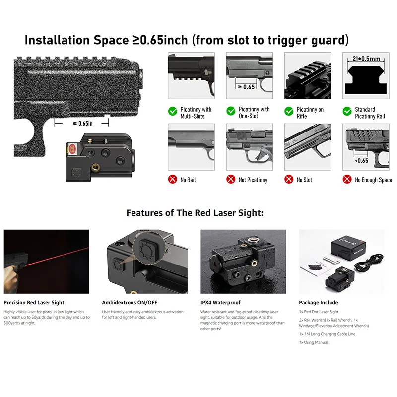 Laser Sight EZshoot Class IIIA Red Magnetic Rechargeable for Pistol Rifle