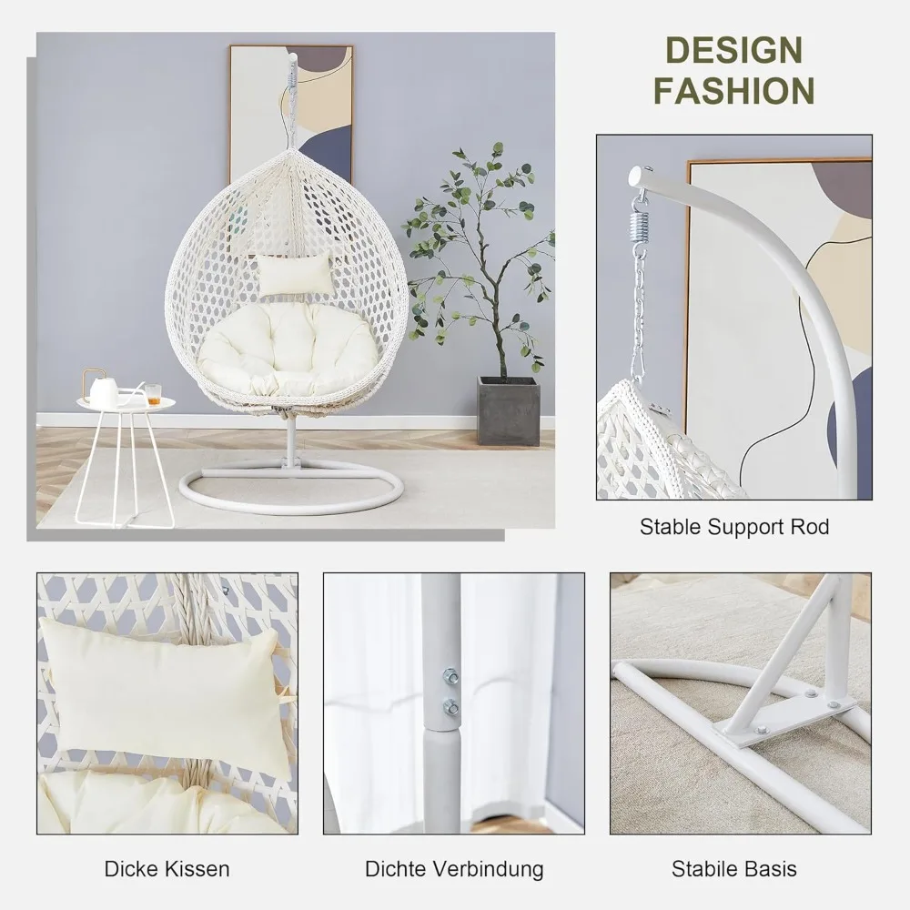 Egg Swing Chair Outdoor with Stand,with Cushion and Pillow,Lounge Chairs,Foldable Basket and Metal Stand for Patio 4